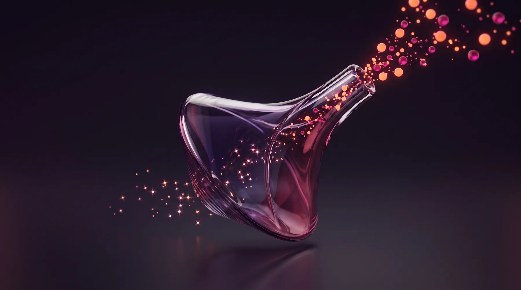 Abstract graphic of glowing particles spilling from a glass vial, representing creative marketing strategy.